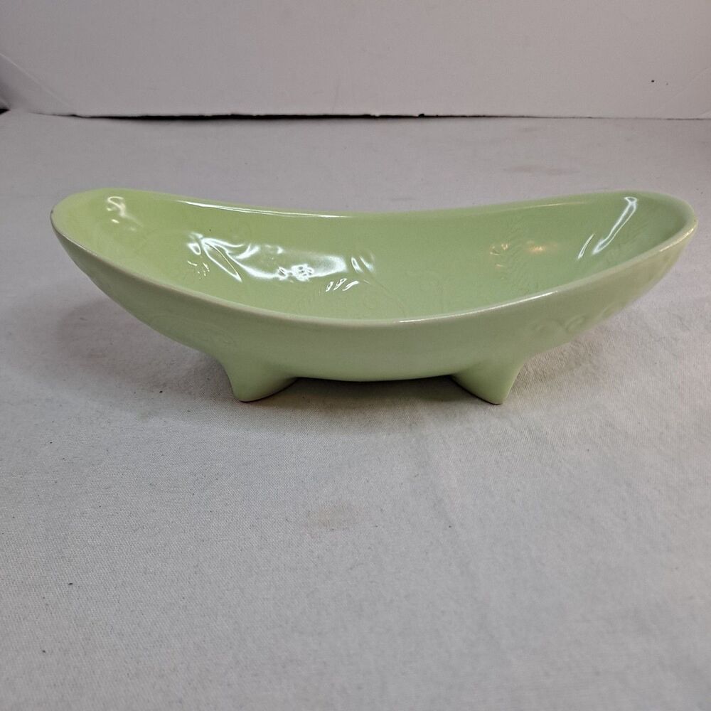 Vintage HULL Pottery Console Footed Bowl Green USA I-18 Glazed Leaf Pattern